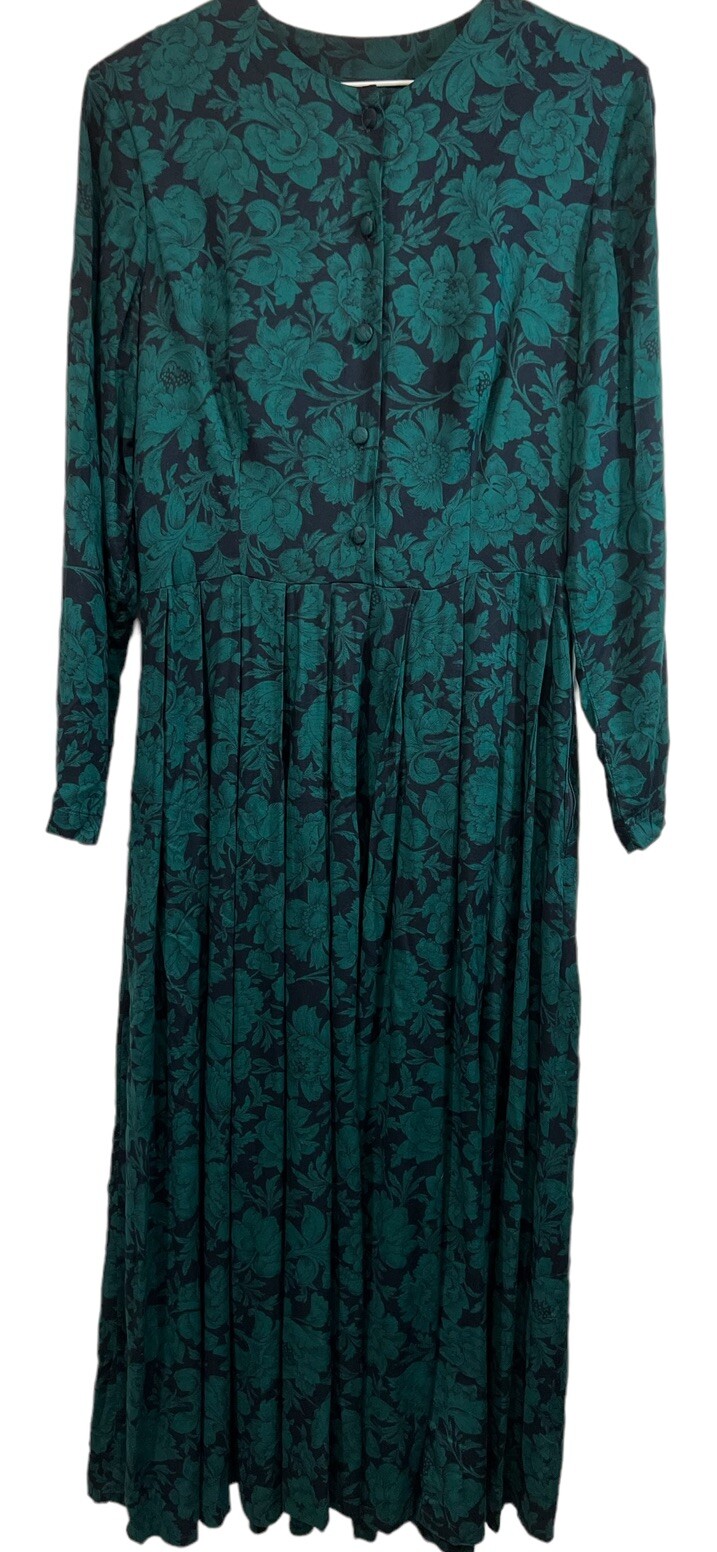 Vtg Laura Ashley UK Dark Florals Cottagecore 80s Maxi Dress US 10 Green Navy