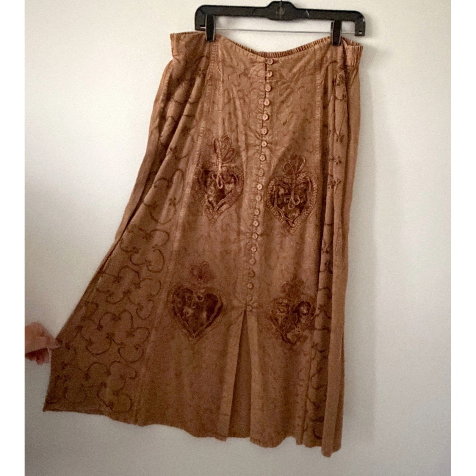 Vintage 90s Sportique Brown Rayon Embroidered Velvet Heart Skirt and Top Set LG