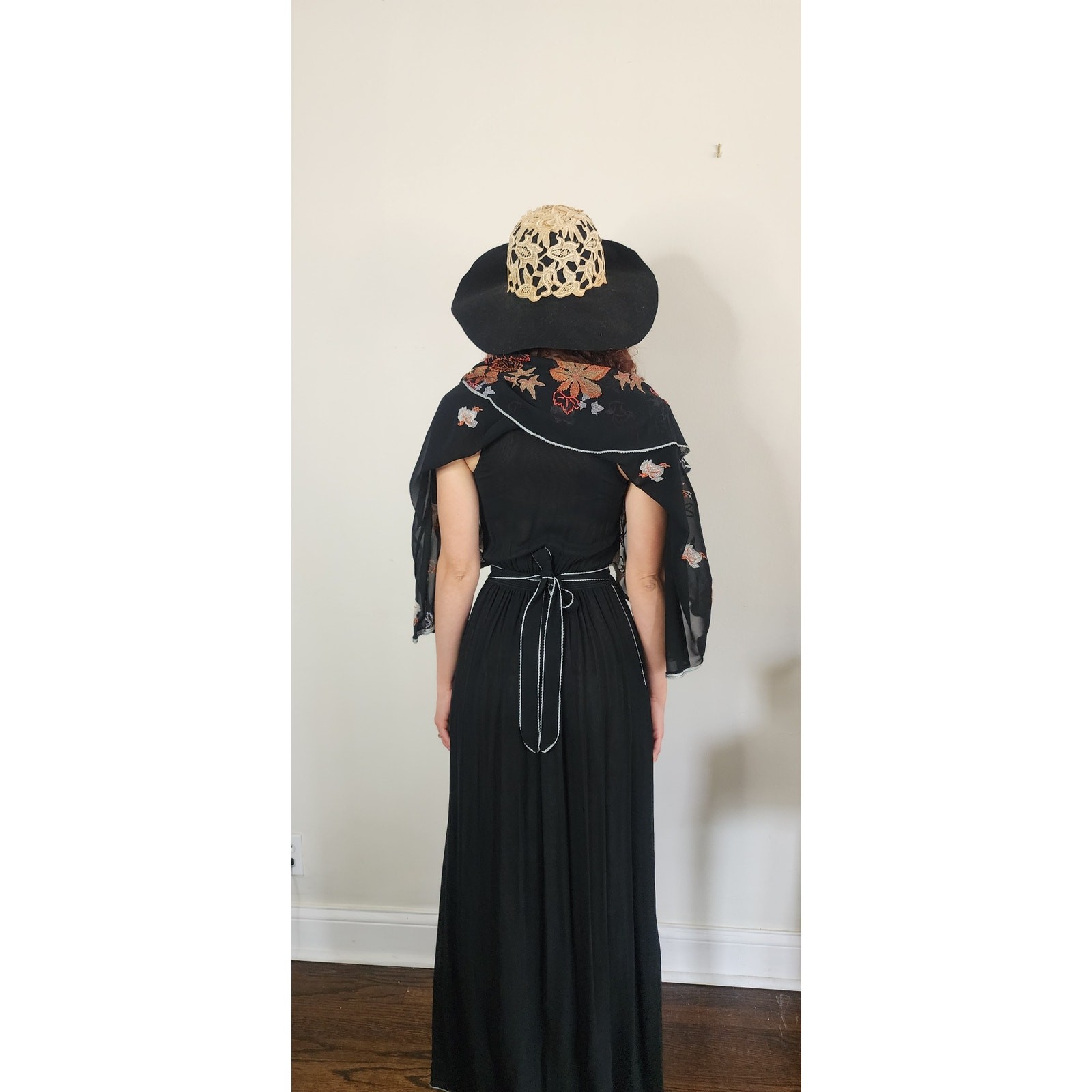Vintage 1970s Janice Wainwright Maxi Dress Embroidered Butterfly Sleeves Capelet