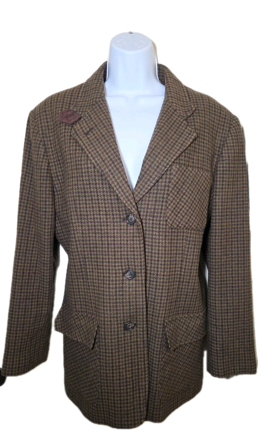 Vtg 90s Braebrook Equestrian English Country Blazer Wool Check Elbow Patches 14