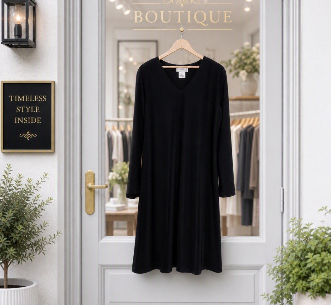 Vintage Susan Graver Black Size M Long Sleeve Mid-calf Flowy V-neck Dress