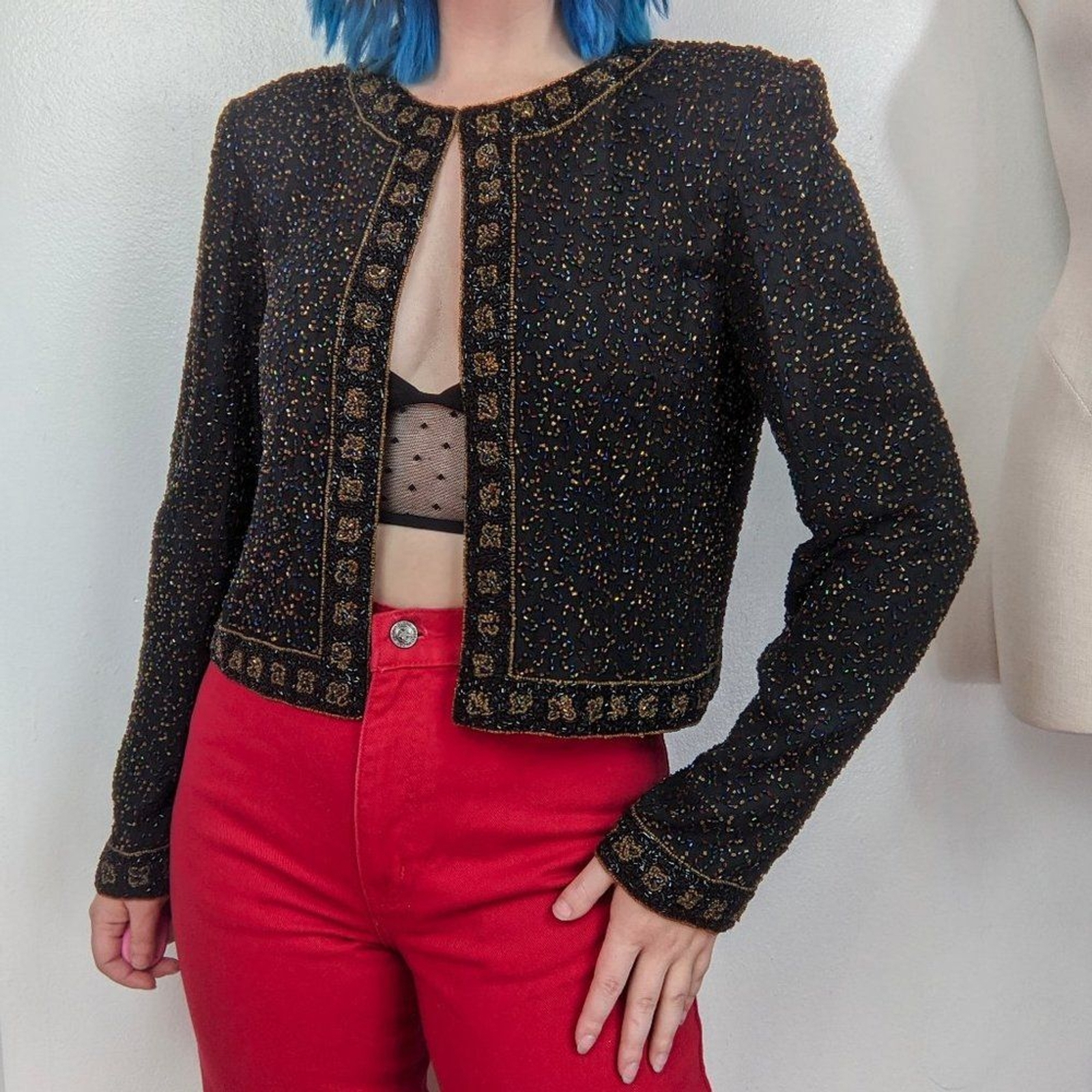 Vintage 90s Black & Multi Color Heavily Beaded Evening Jacket