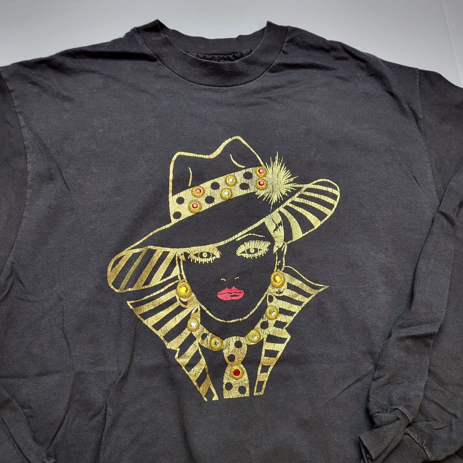 Vtg Elegant Lady T-Shirt Womens M Gems Fancy Long Sleeve Black Gold USA 90s ~46