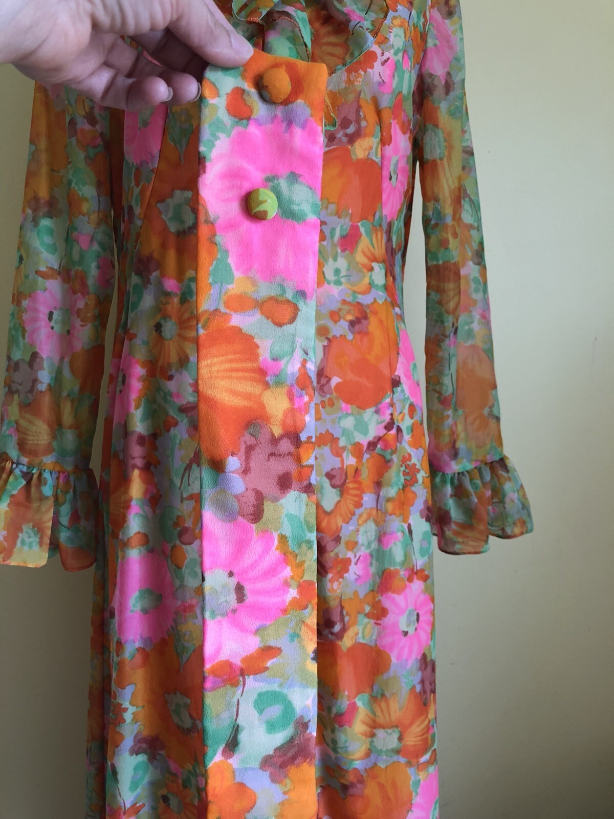 Vintage 70s Psychedelic Bright Pink Orange Floral Long Hippie Dress Sz Sm-Medium