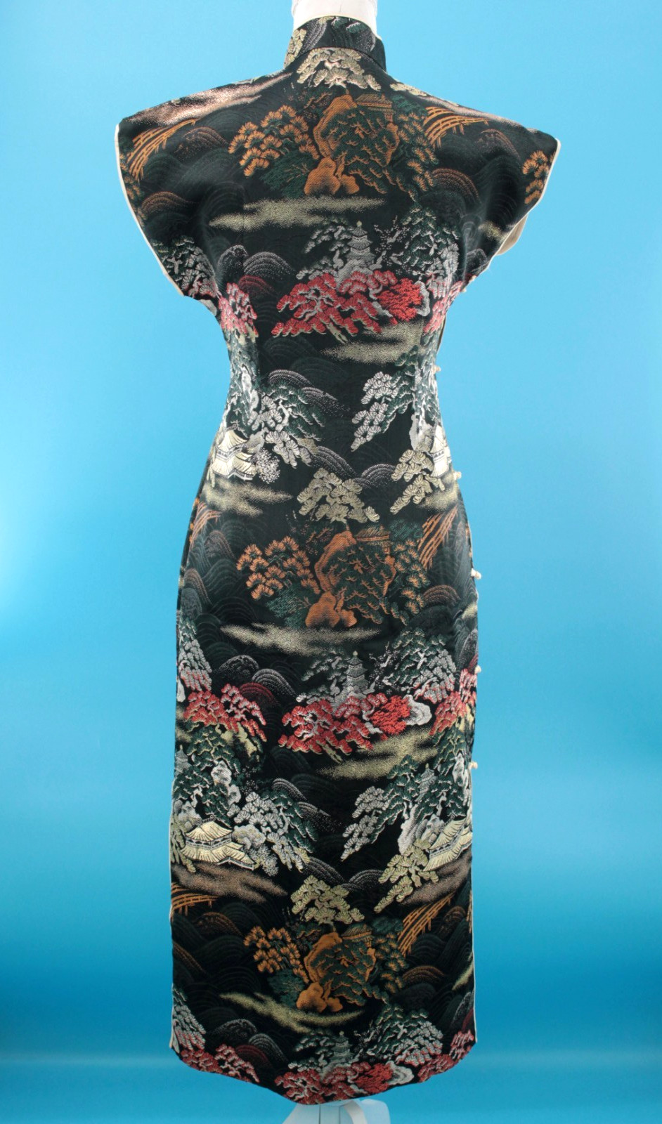 VTG Women’s 50s Black Multi Color Brocade Cheongsam Dress Sz S/M 1950s Jacquard