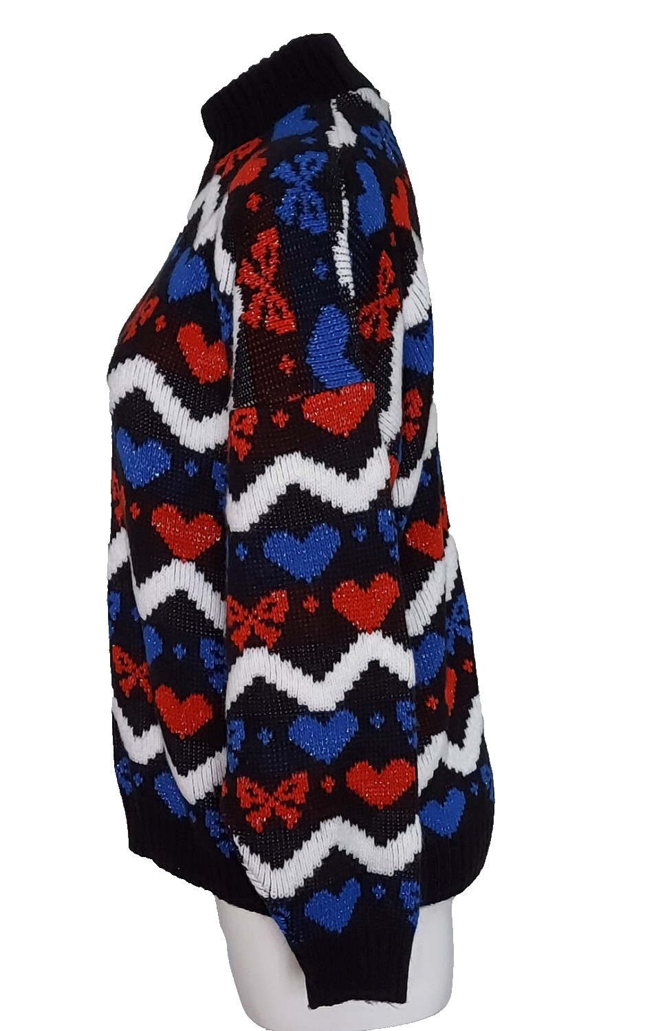 Vintage 1980s Chava! Hearts and Bows Zig Zag Striped Mock Turtleneck Sweater USA