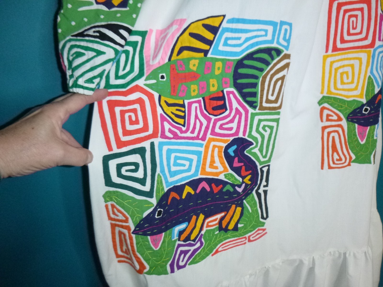 Vtg 70s Seds Crafts Mola Panama Reverse Applique Dress Fish Geckos One Size