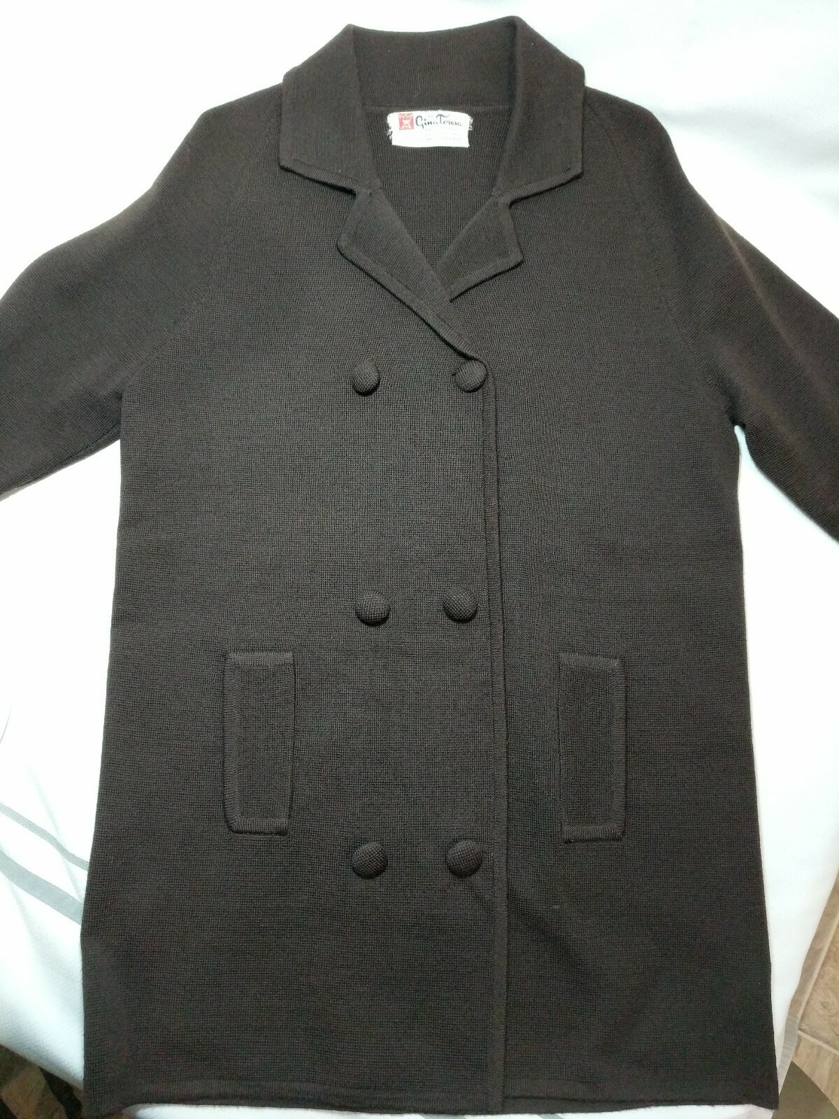 Vintage Gina Teresa 100% Pure Wool Dark Brown Button Up Fake Pocket Flap Size 12