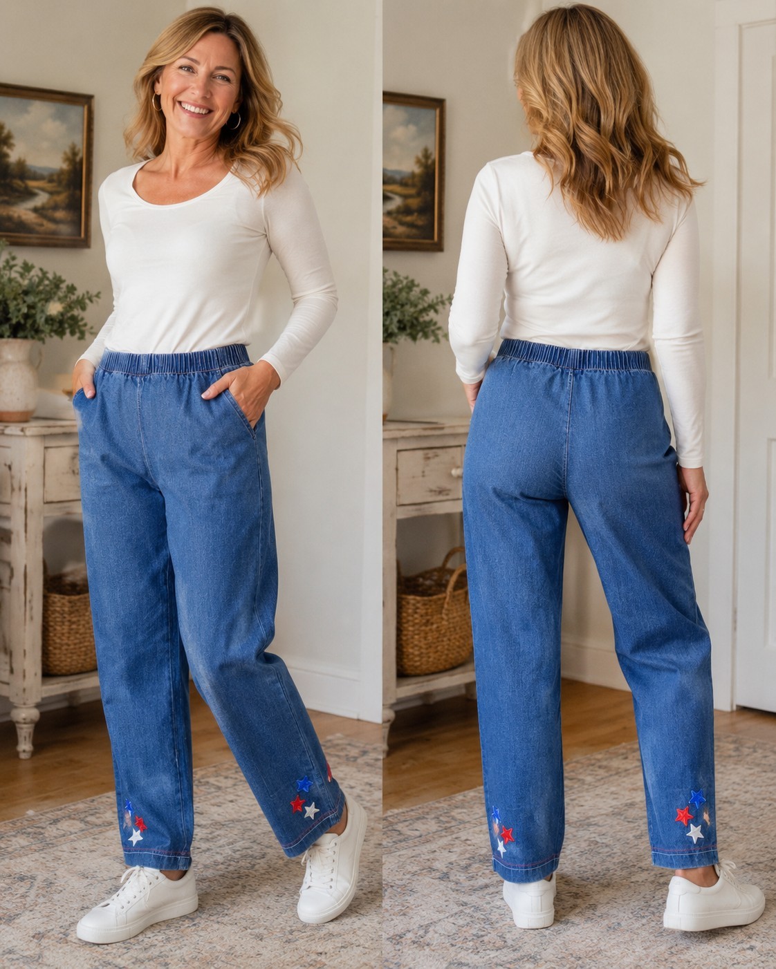 Vintage Quacker Factory Patriotic Star Denim Pull On Jeans Small USA