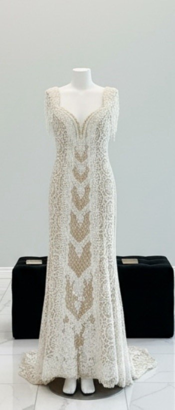 vtg BOB MACKIE Lace Evening/Wedding Gown Sleeveless Tatting Trim Beige/Ivory M*
