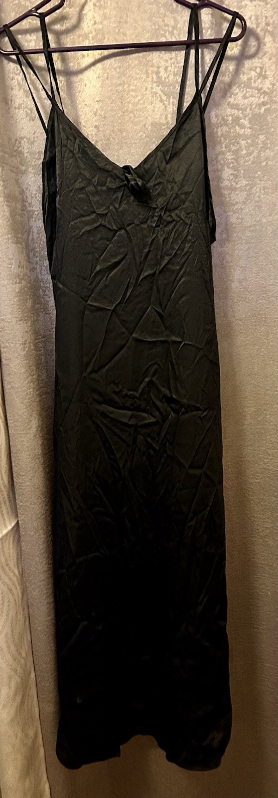 Vintage Black Nylon Maxi Slip Dress Nightgown Rosette Spaghetti Strap Whimsygoth