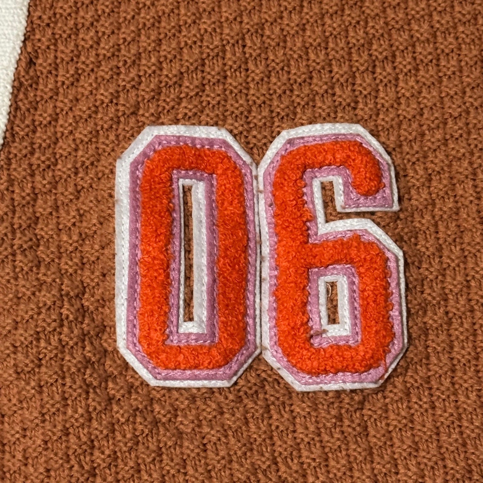 Aerie Rust Orange Knit Cardigan Varsity Style Patch XS Oversized Cotton