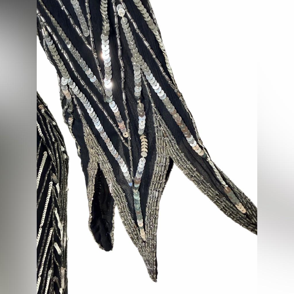 VTG 80s Sweelo Beaded Silk Dress Black Silver Extravagant Sequin Chevron Size M