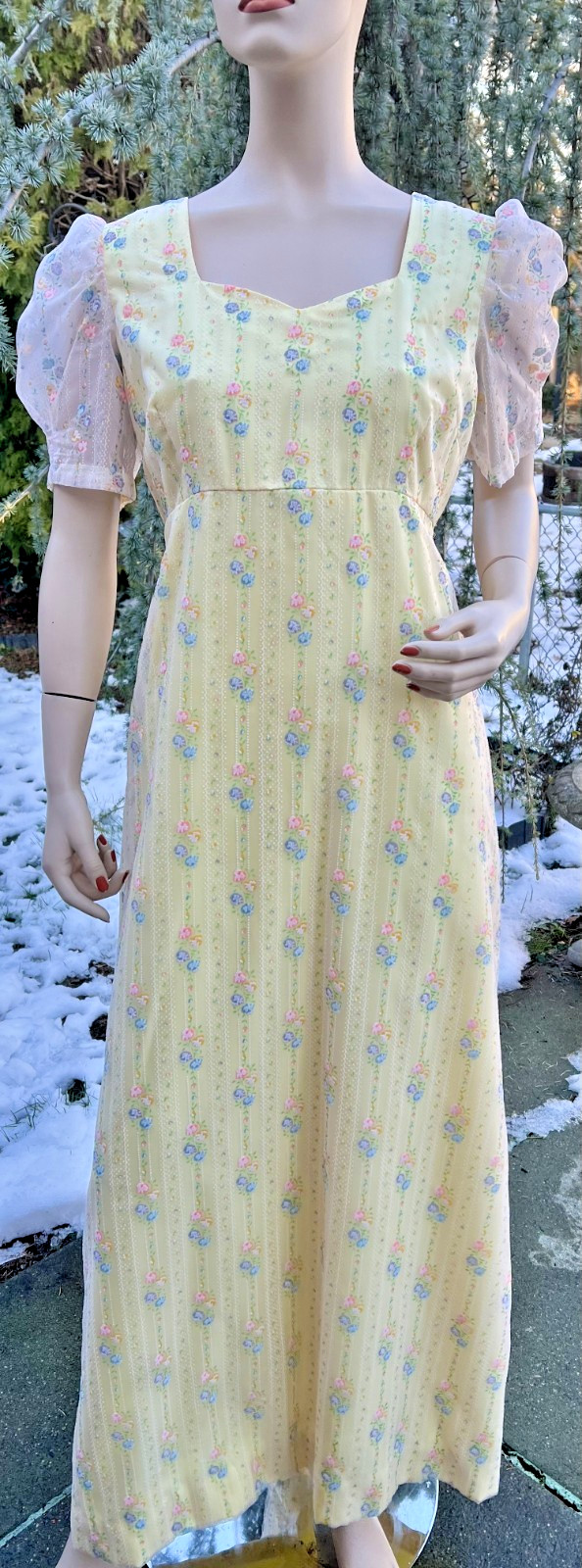 VINTAGE 1970’s YELLOW W/ FLOCKED FLORAL CHIFFON OVERLAY MAXI DRESS BOHO