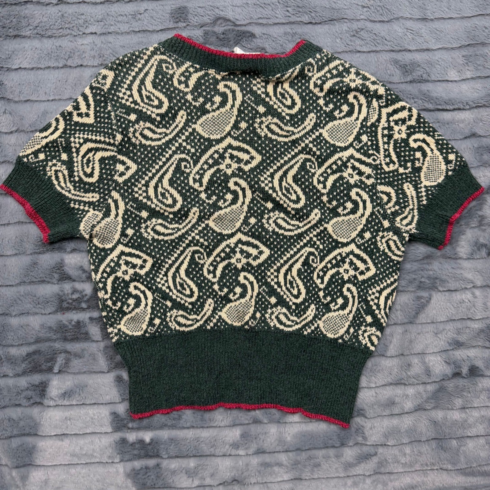 Vintage TJ Green Paisley Knit Short Sleeve Sweater Pink Trim Cotton Blend Large