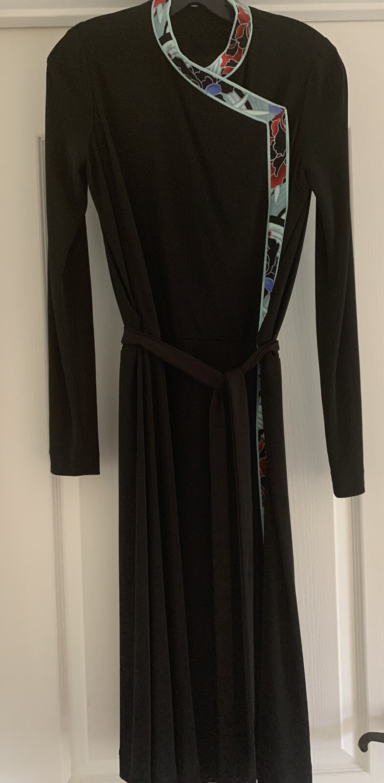 Vintage Leonard Paris Black Jersey Knit Dress With Silk Logo Trim, Sz 38 / US 6