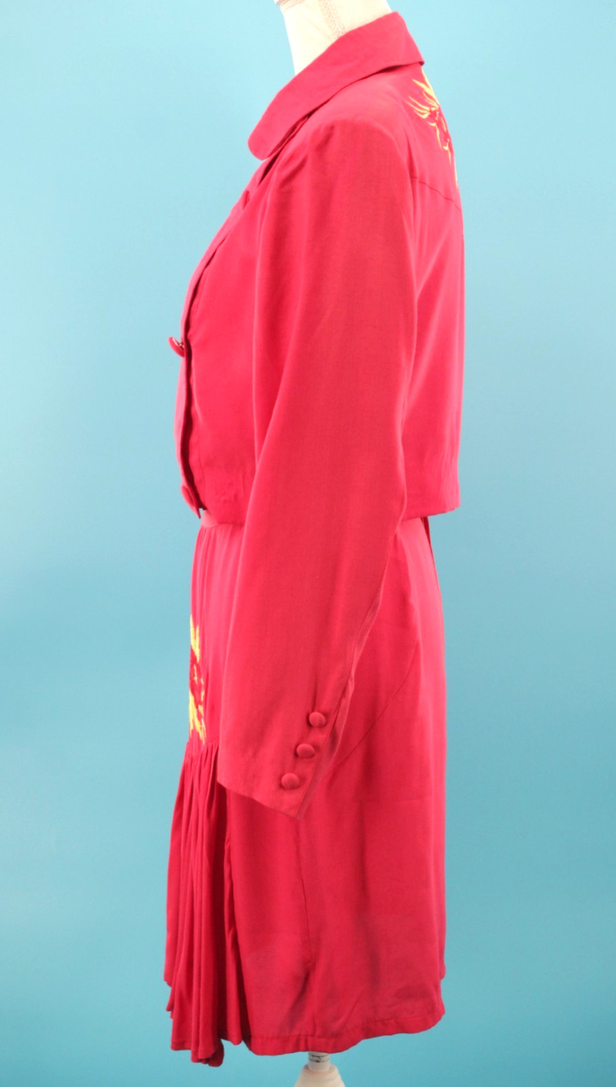 VTG Womens 90s 2 Pc Coral Red Embroidered Rayon Top & Skirt Dress Set XS/S 1990s