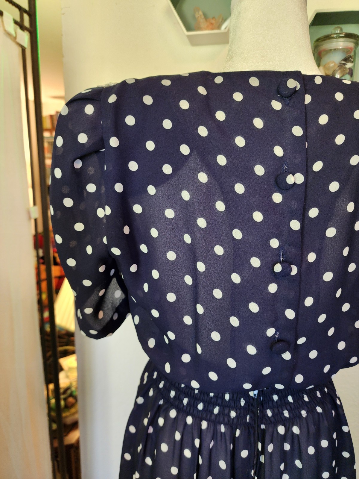 90s VTG KARIN STEVENS Cottagecore Modest Petites Polka Dot Pleated Midi Sz P8