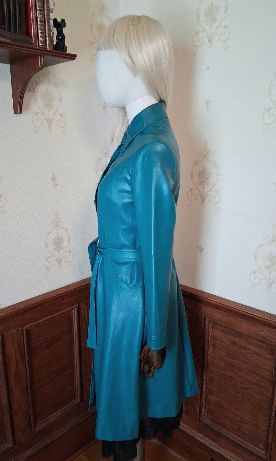 Vintage 1960s 1970s Teal Vegan Leather Dagger Collar Mod Spy Girl Trench Coat