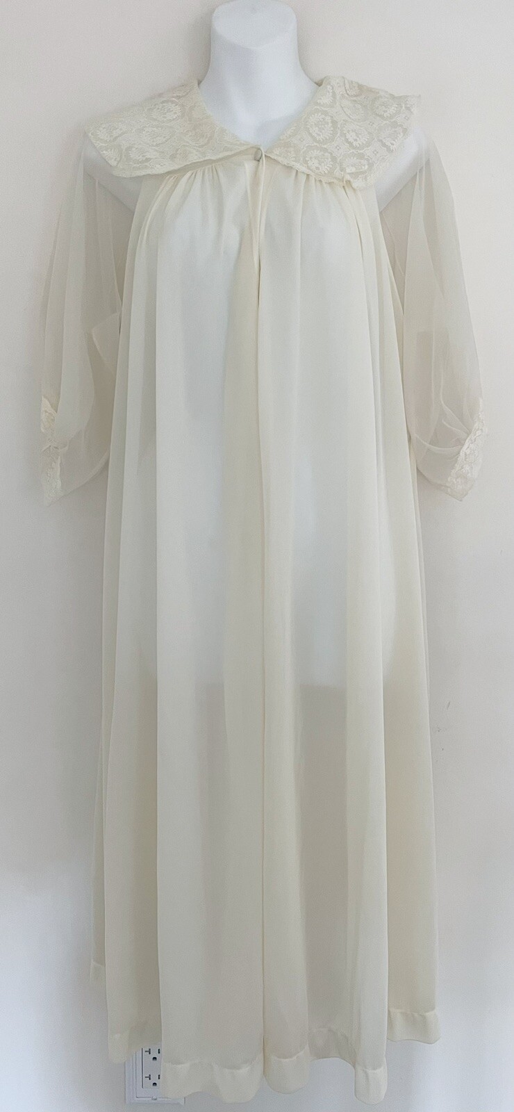 Vtg 50s ROGERS Peignoir Robe S Ivory Lace Collar Sheer Sleeves Romantic Cottage