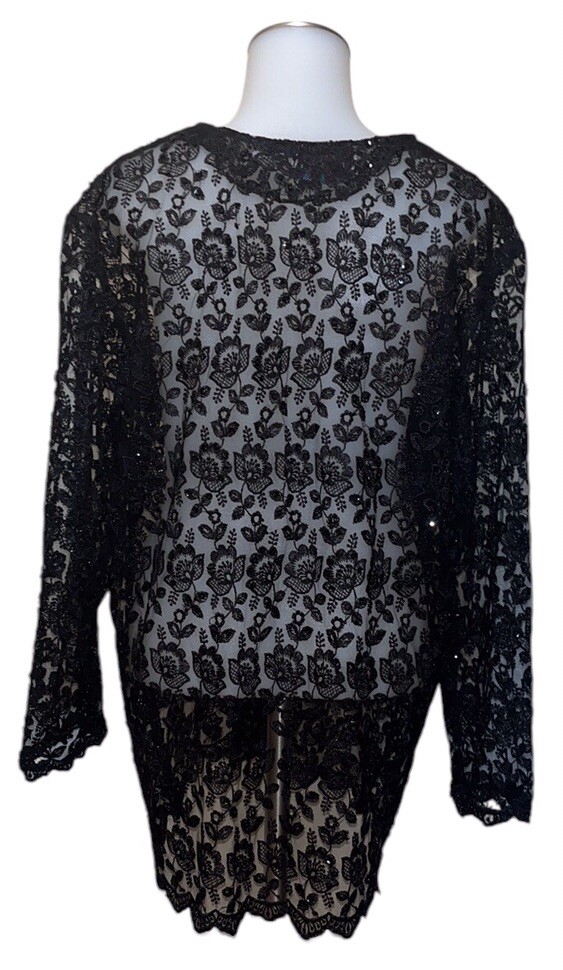 Vtg Passports Pier 1 Black Floral Lace~Bead~Sequin Top/Jacket(?)~READ