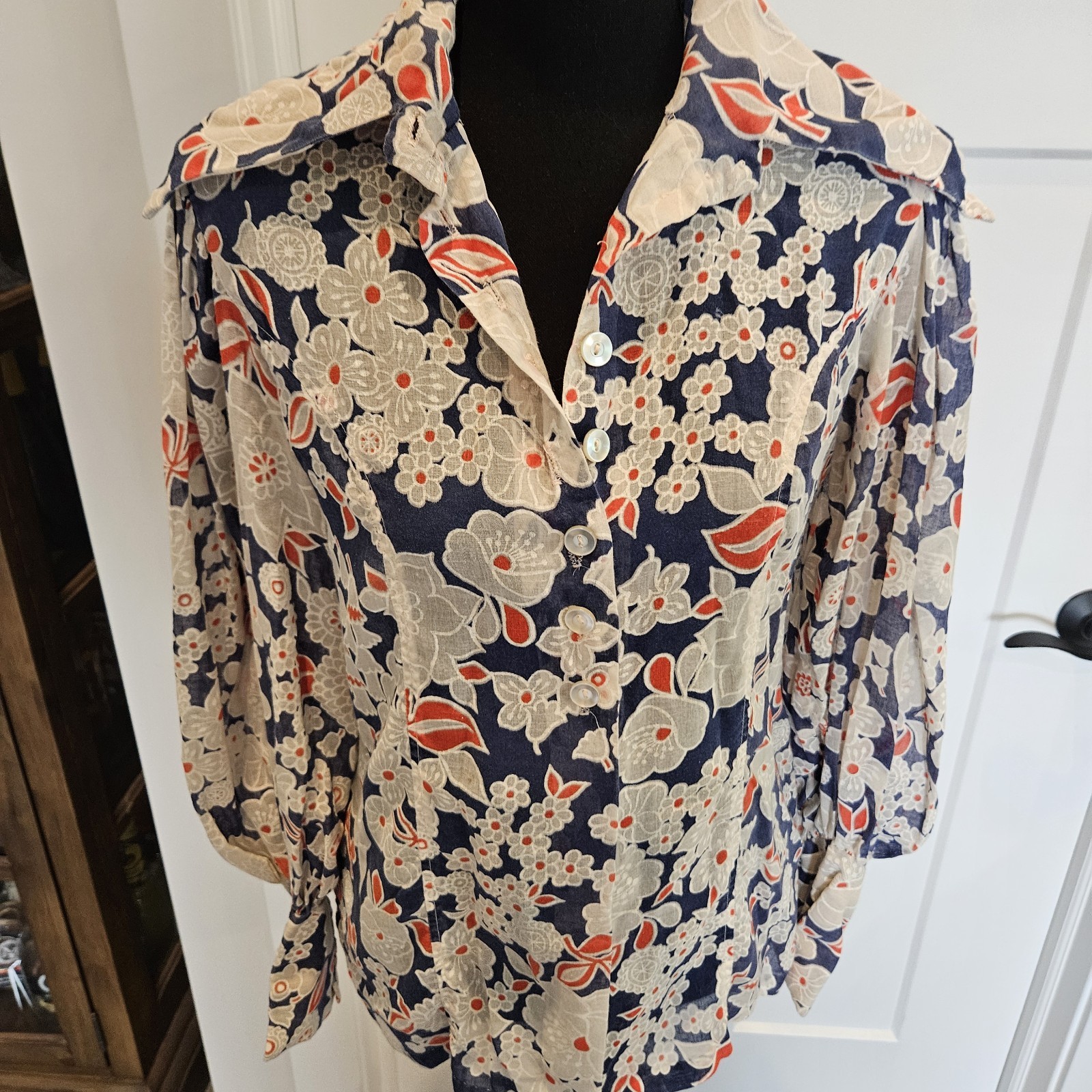 VTG 1960s Hand Made Red White Blue Floral Sheer Button Up Blouse Dagger Collar