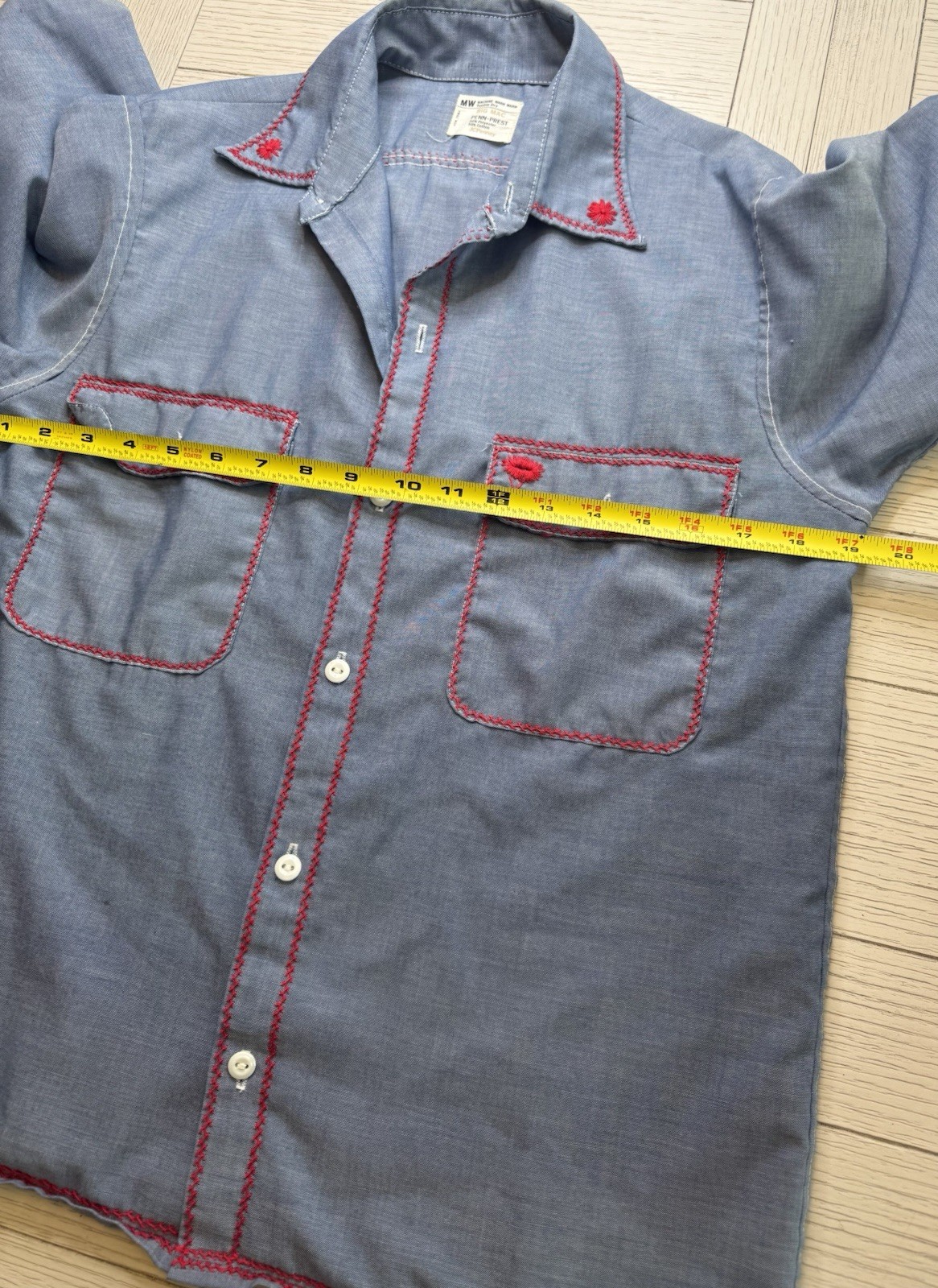 Vtg 60s Penney’s Big Mac Chambray Red Chain Stitched Flower Embroidered Shirt M