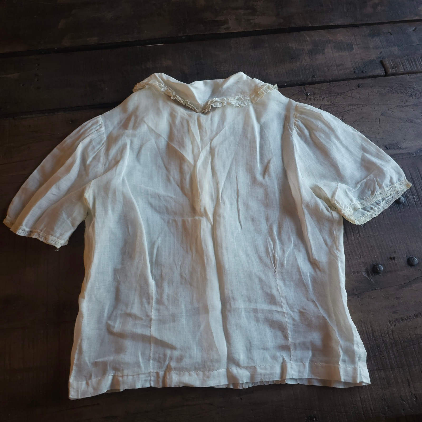 Antique White Cotton Lawn Blouse Pintuck Lace Trim Edwardian Short Sleeve Top