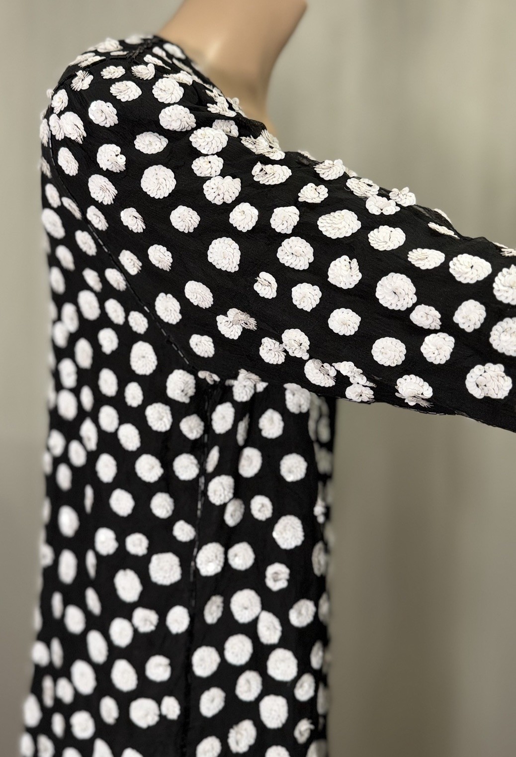 Vtg Judith Ann Creations 100% Silk Beaded Sequin Jacket Black White Polka Dot M