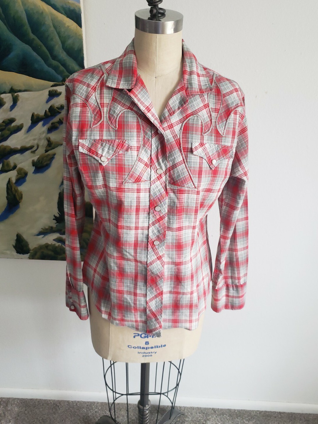 VTG H Bar C Womens Pearl Snap Western Shirt California Ranchwear 36 Silver