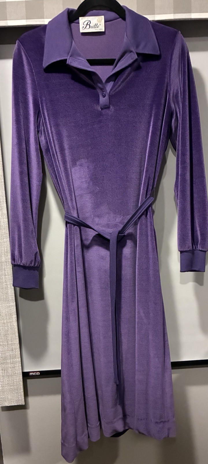 Vtg 70s Lilac Purple Velour Velvet Dress Long Sleeve Size M Midi