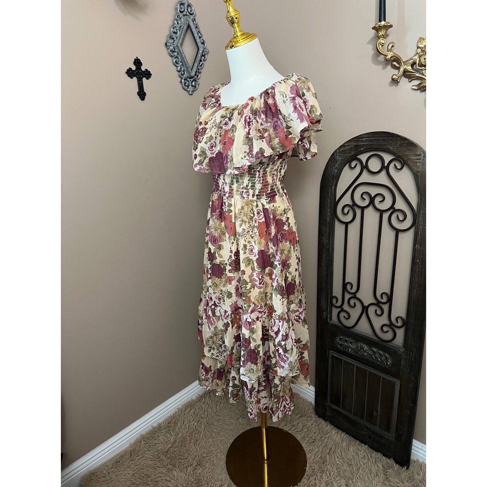 Vintage 70s Earthy Floral Off Shoulder Dress Retro Boho Cottagecore Size Medium