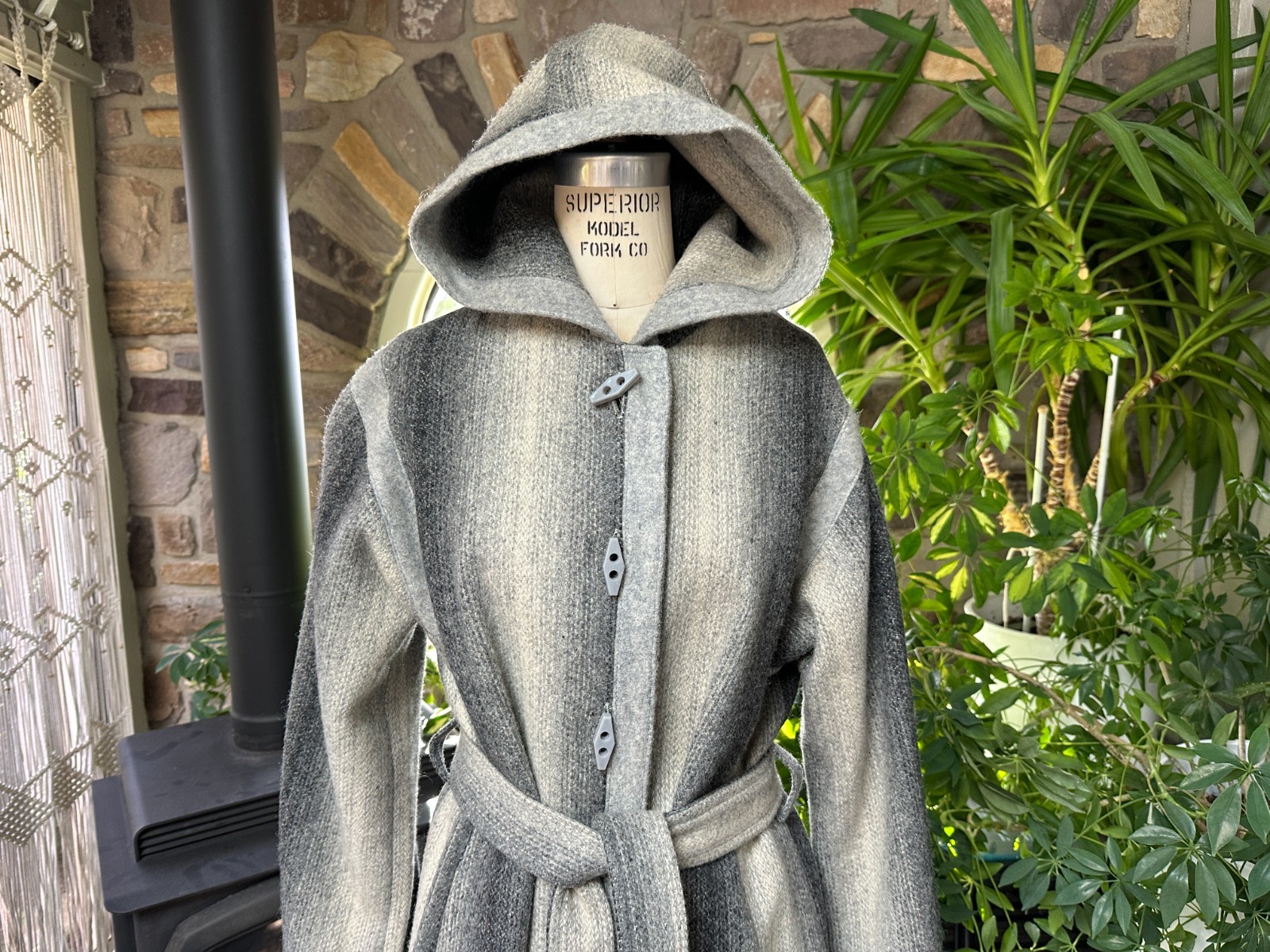 Vintage 1970s Variegated Gray Striped Wool Belted Hooded Coat Casa de Lana