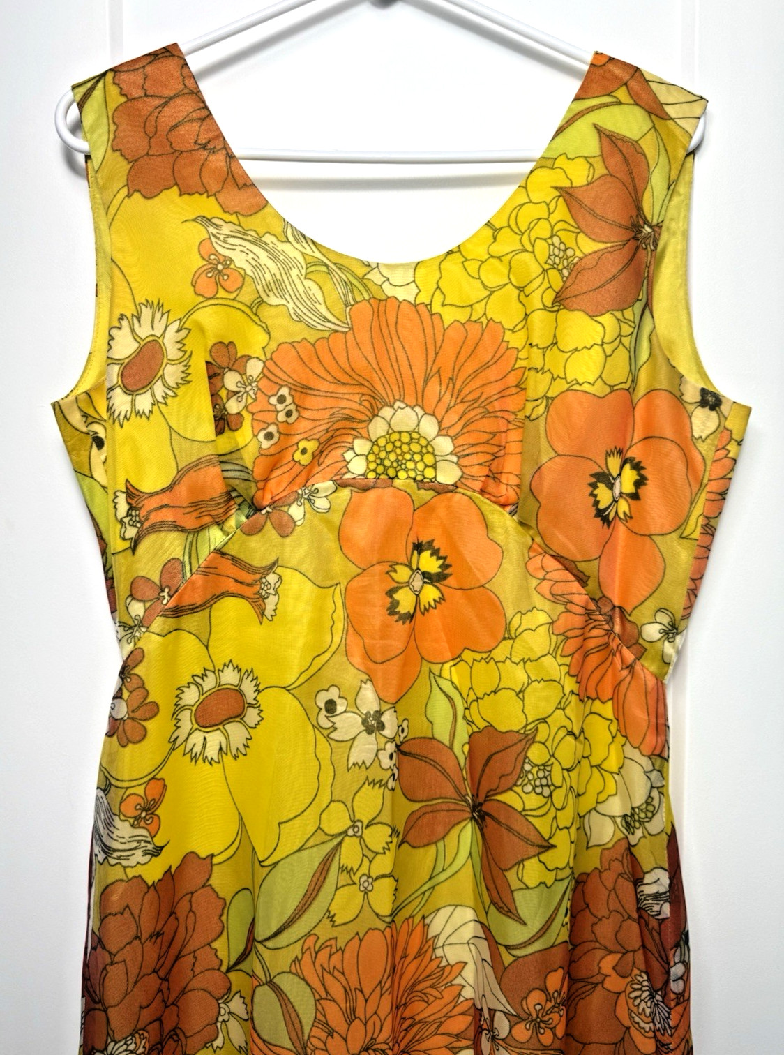 Vtg 60’S Groovy Orange Yellow Sheer Floral Maxi Dress Stiff Chiffon Long Jacket