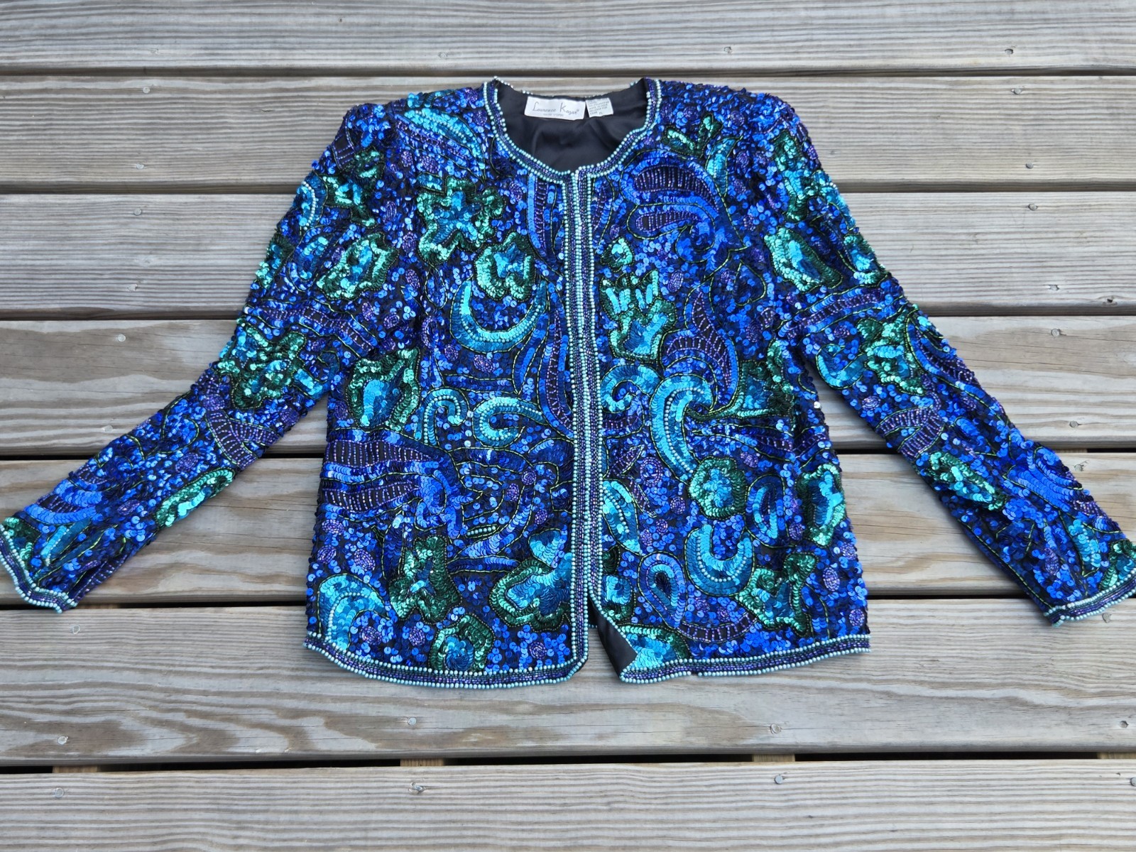 💙Vintage Laurence Kazar Silk Beaded Sequin Jacket Teal Peacock Evening Bolero💙