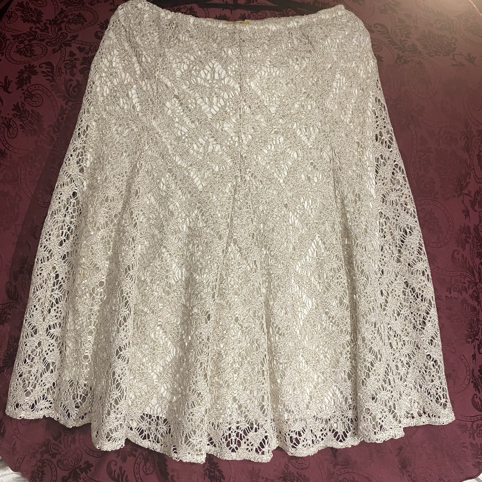 Ruby Rd Cream Lace Flowing Skirt, Lined, Size PM, Elastic Waist, Flowing
