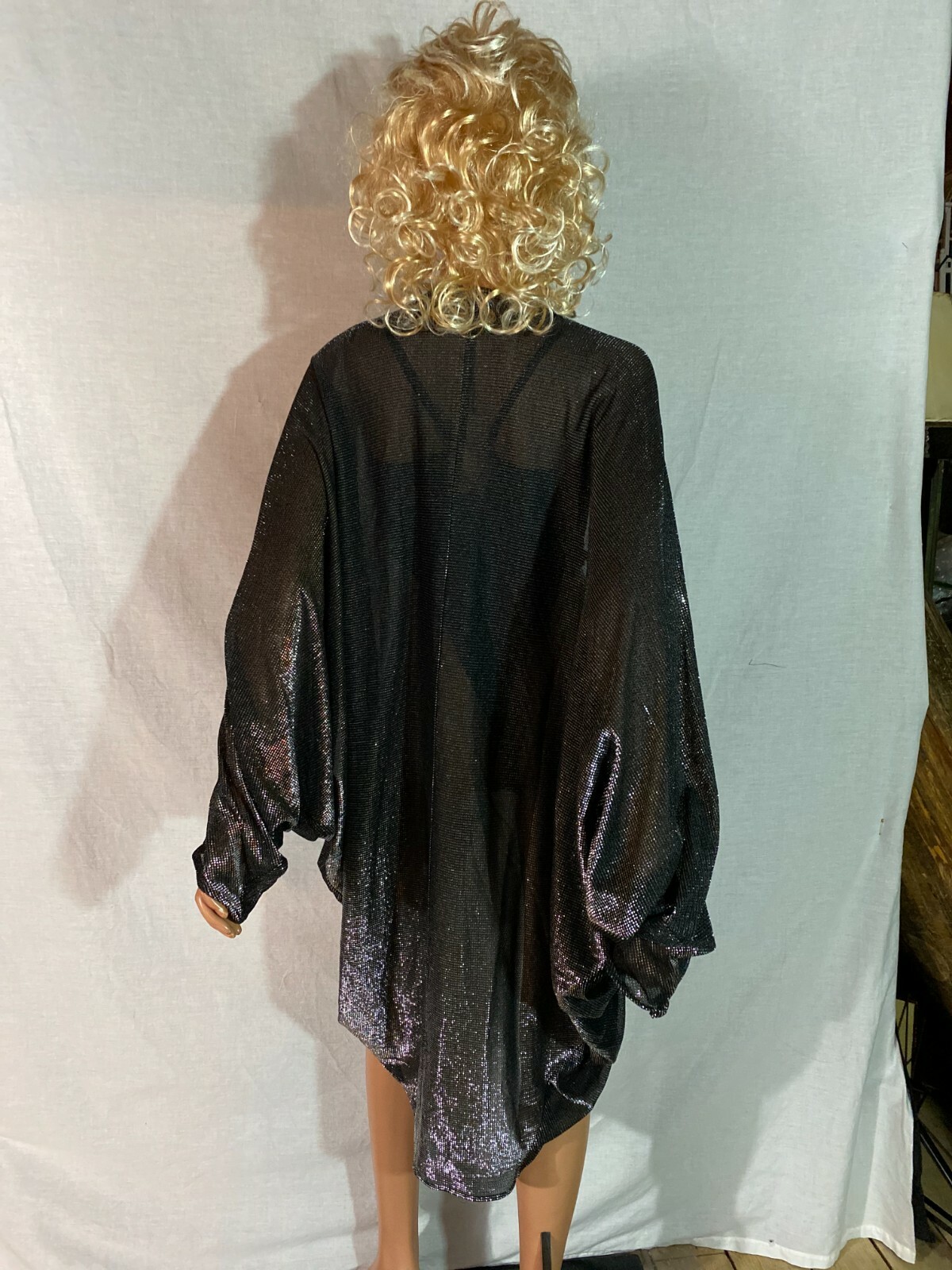 VTG 80s SOHO Black Silver Metallic Cardigan Draped Jacket Batwing Cocoon 1 Sz R