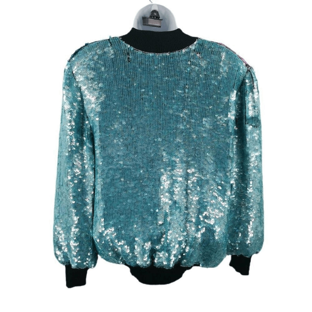 Vintage Dark Blue, Light Blue, Fuchsia, and Red Sequin Bomber Jacket | Circa 198