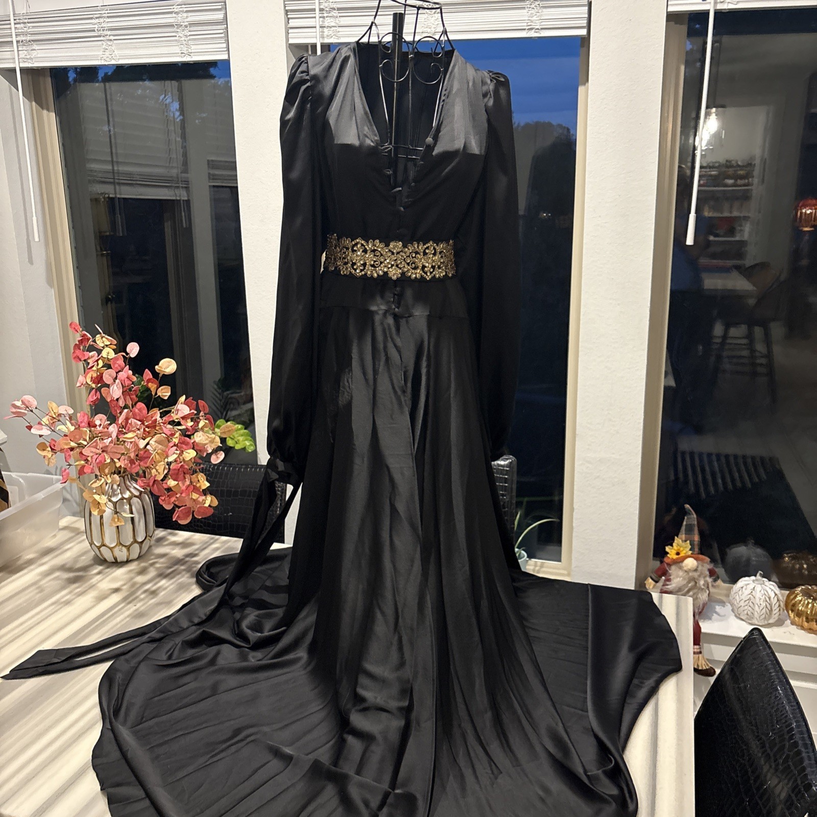 1940 Classic Style Black Gown With Gold Beaded Belt