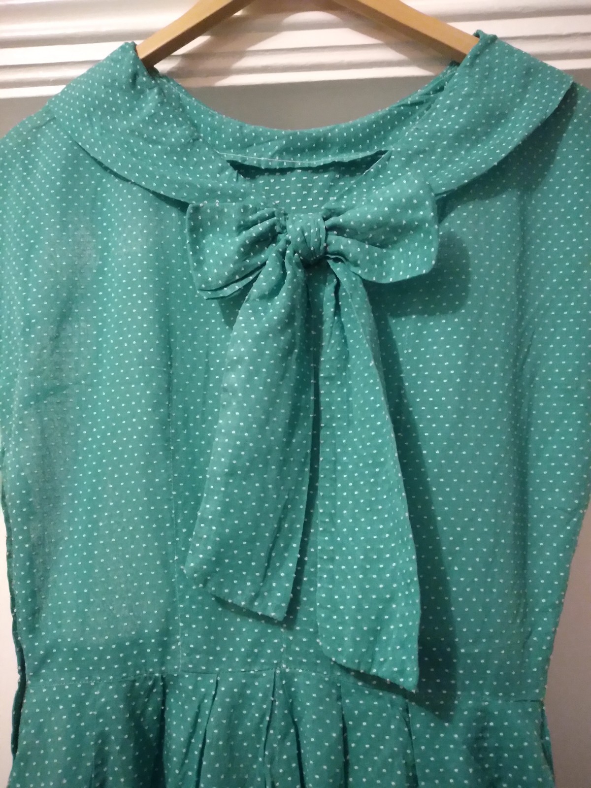 Vintage Dress 50s 60s Swiss Dot Green Pussy Bow Xs Semi Sheer Cotton Fit Flare