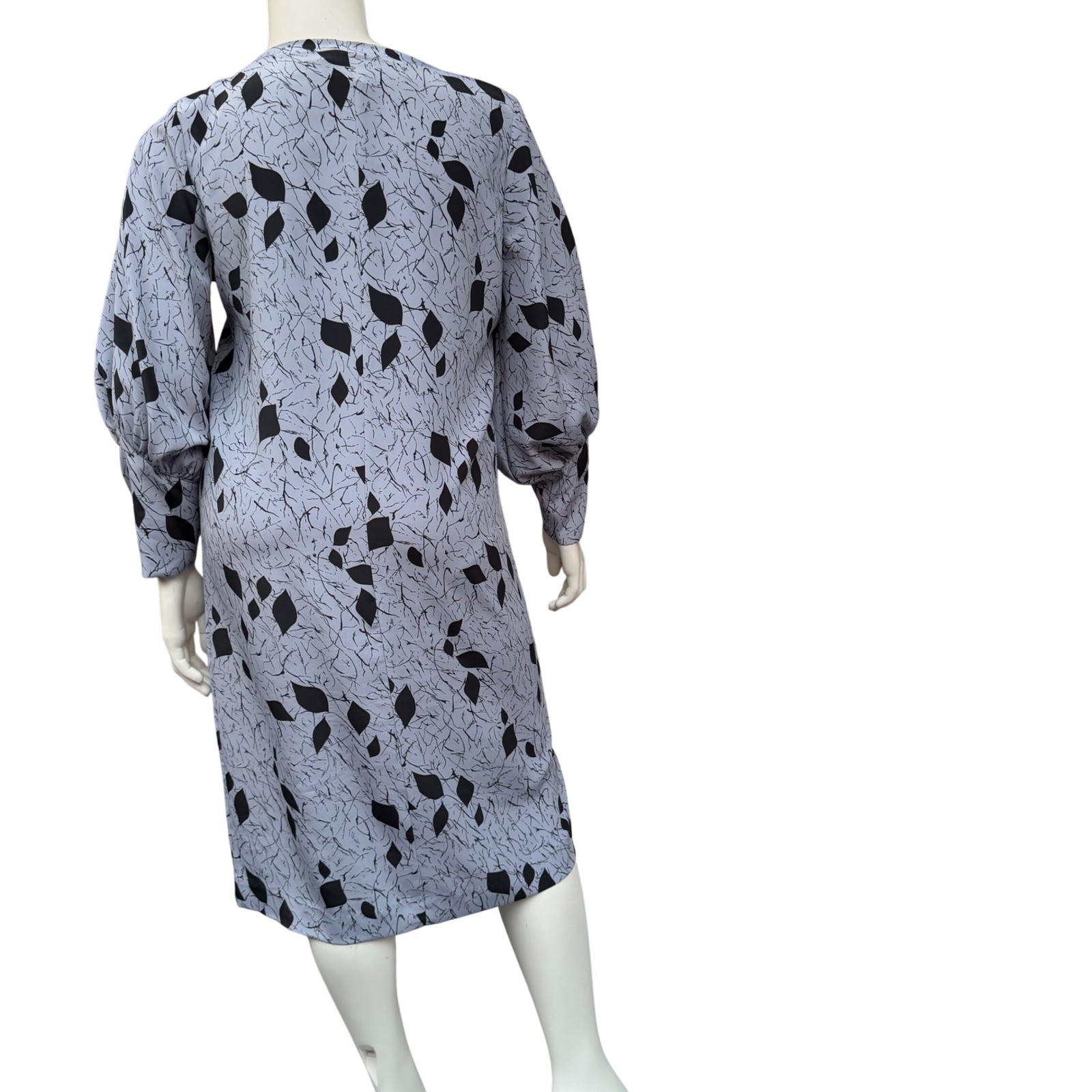 Murray Meisner Vintage Shift Dress Midi Balloon Sleeve Blue Black Leaf Print 14