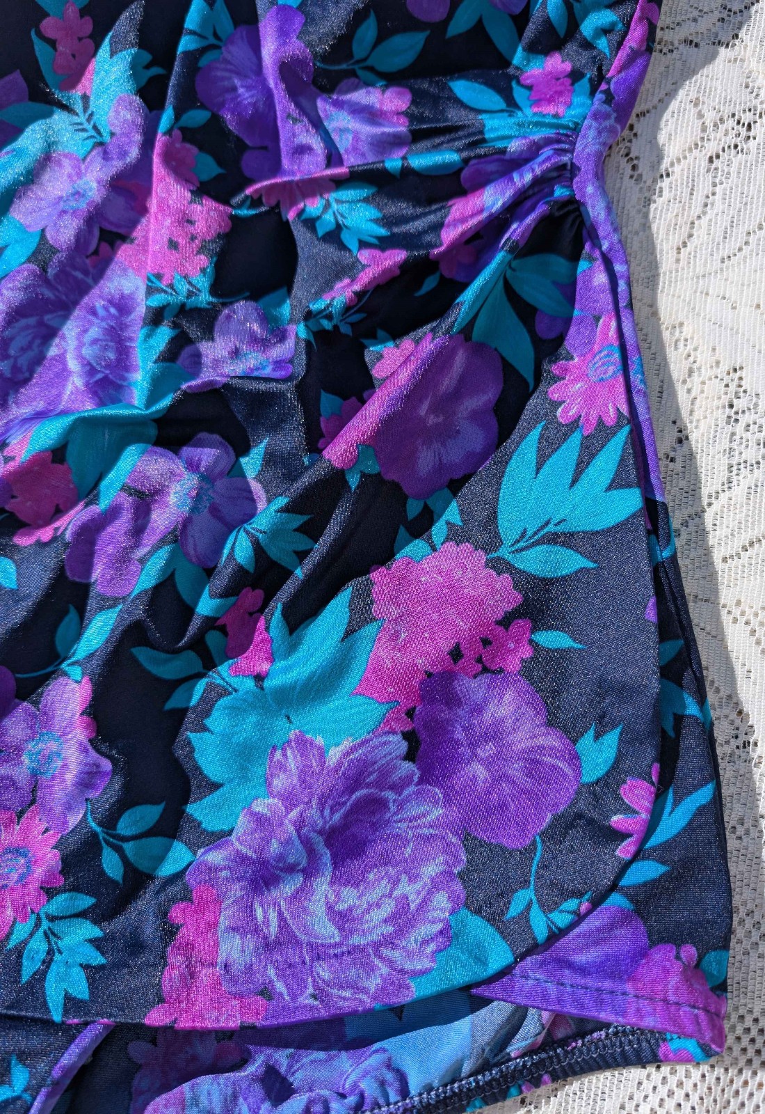 Vintage 70s 80s Maxine of Hollywood Black Purple Pink Floral Skirt Swimsuit