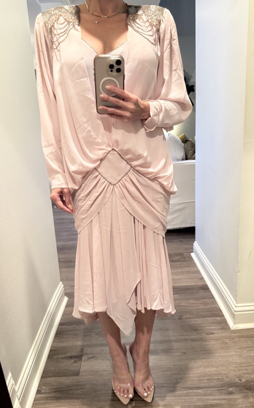 Vintage 1982 Eletra Casadei Blush Pink Chiffon Beaded Dress 80s Golden Girls M