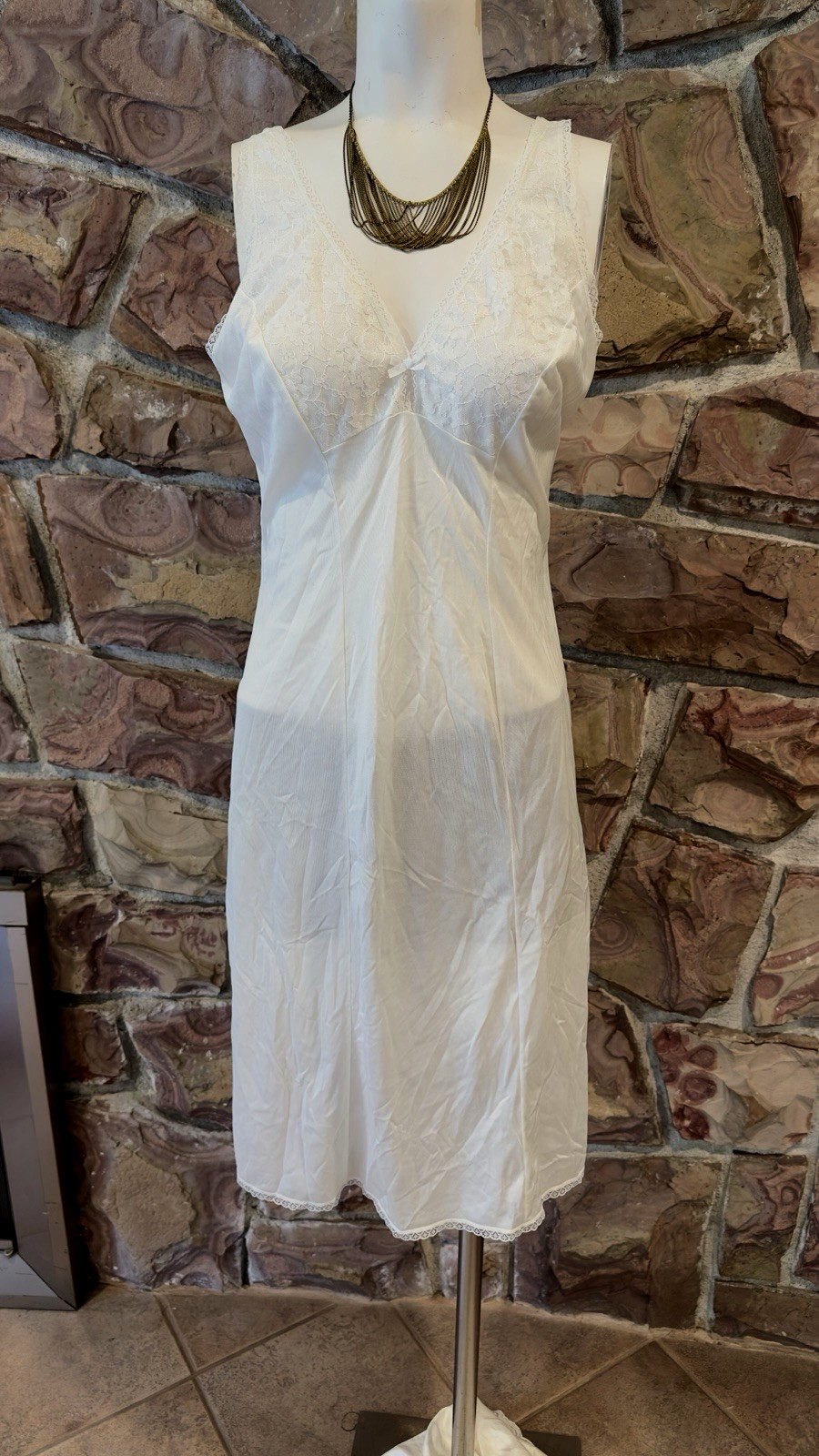 Vintage 60s Full Slip Dress Chemise Lingerie Lace cream Nightgown Size S to M