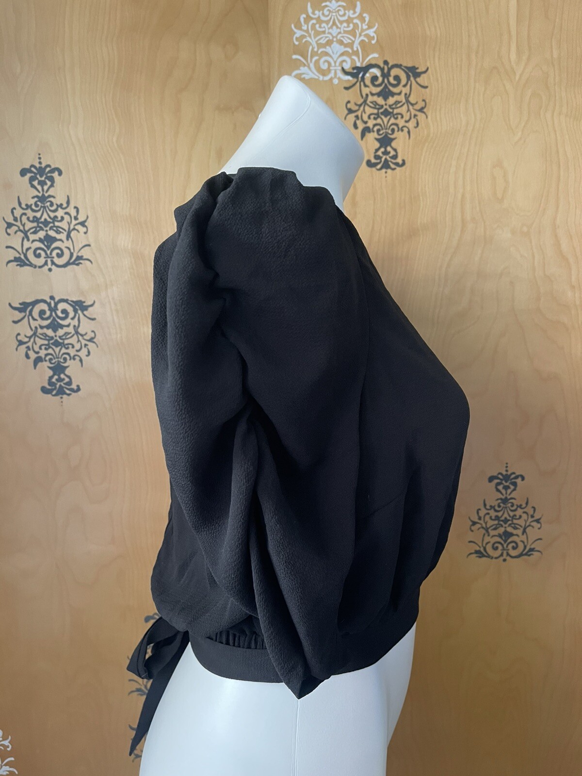 NWT Y2K 2000 Peplum Blouse Crop Top 1/2 Sleeve Adjustable Tie Strings Black S/M