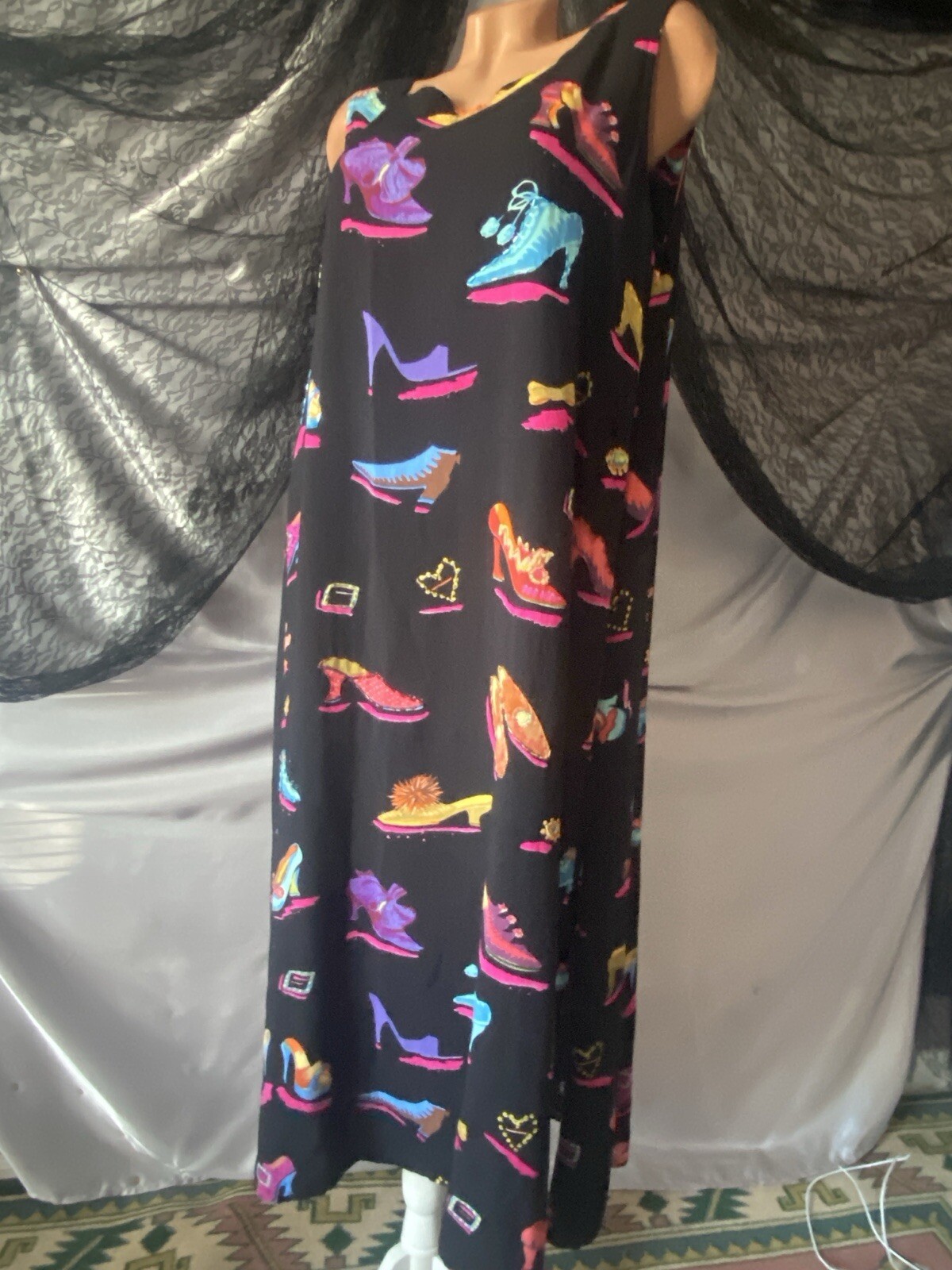 VTG PHASES Rayon SHOES Print beads Maxi Dress Size L INDIA SILKY CITRON YELLOW