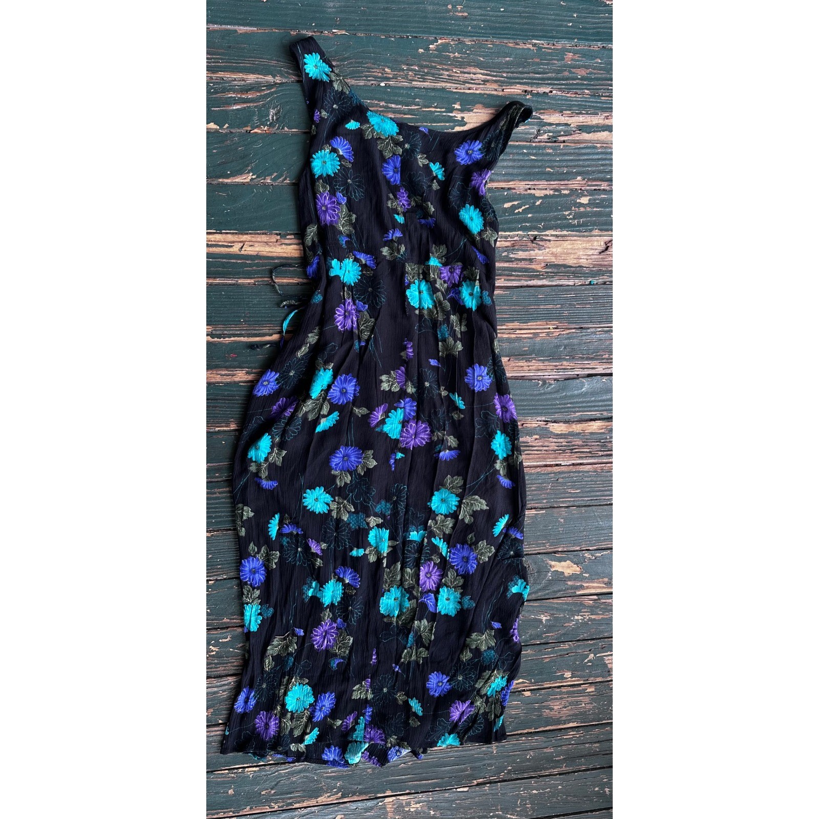 Darian Vintage Floral Maxi Dress Black Teal Purple Rayon Crepe Sleeveless Sz 14