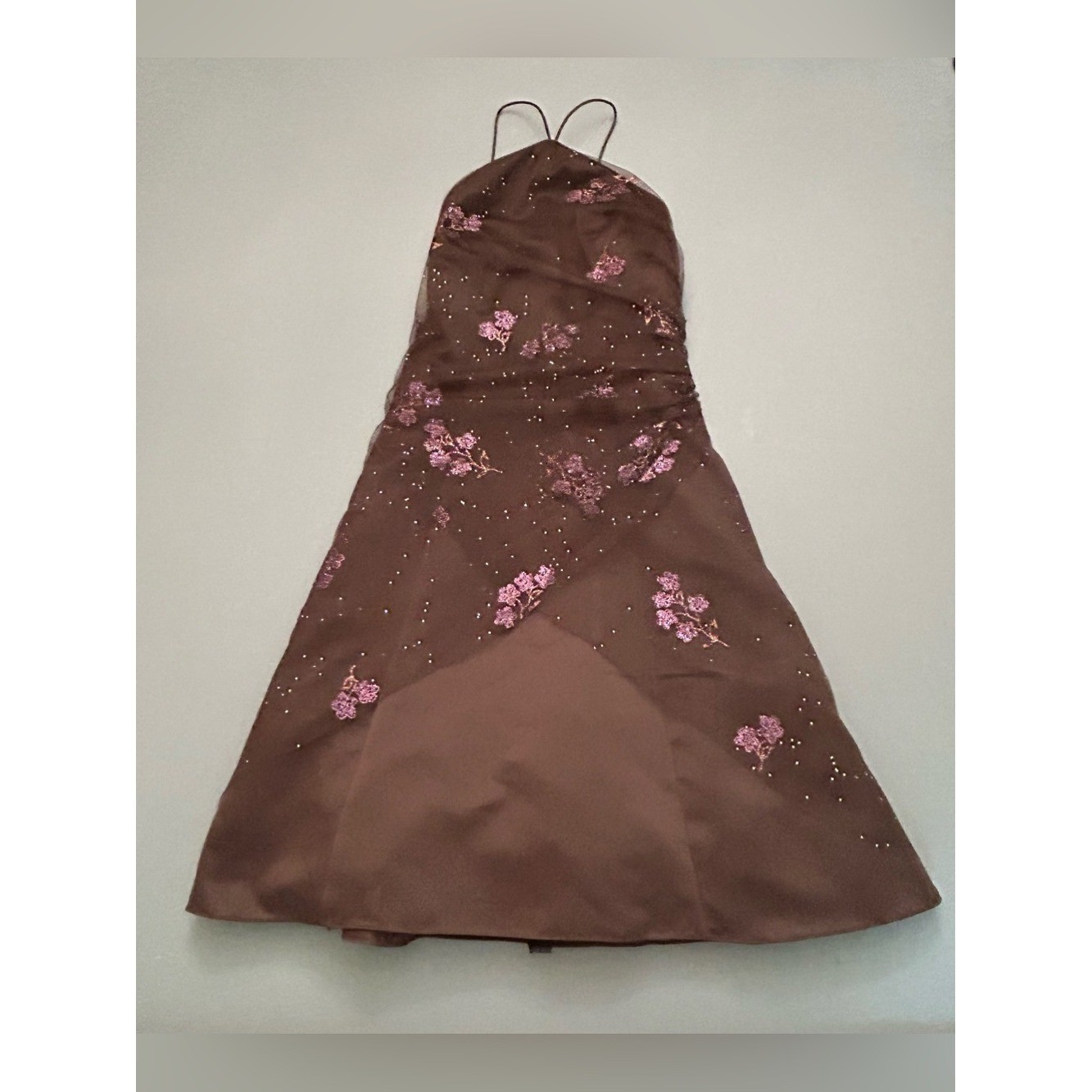 Vintage Y2K 90’s Onyx Nite Brown Satin Party Dress w/ Sparkles and Lace Overlay