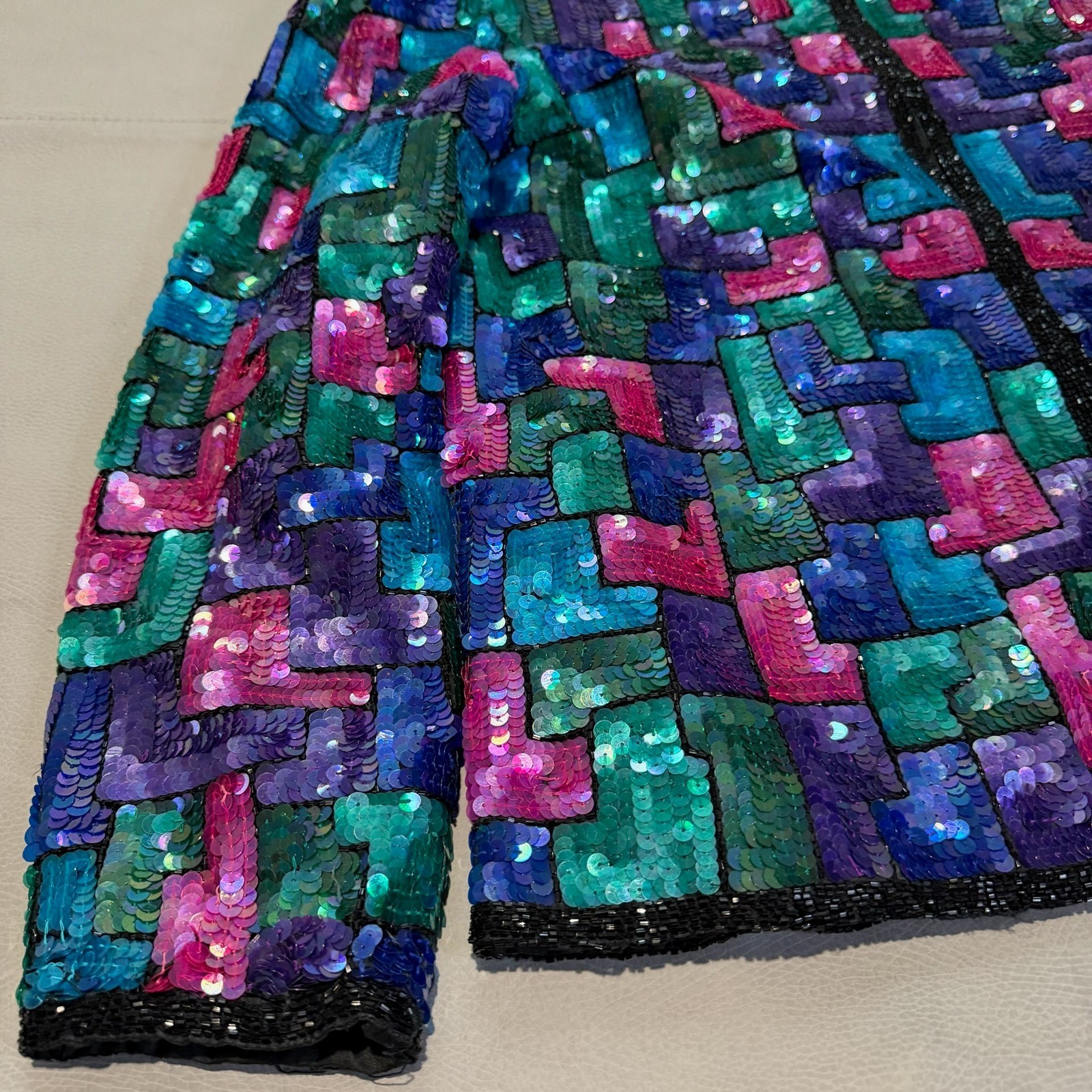 VTG Laurence Kazar Sequin 100% Silk Geometric Blazer Jacket Colorful Festivel-L-