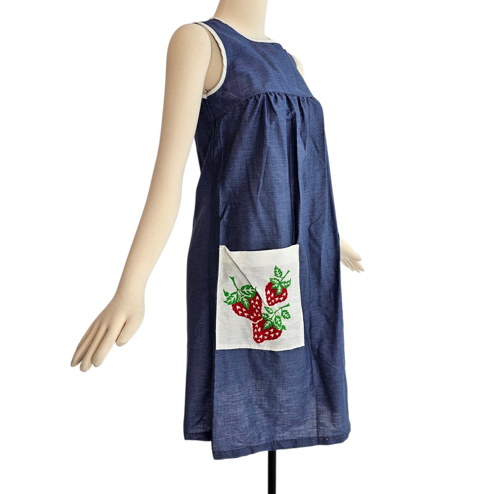 Vintage DEADSTOCK 1960s Dress Shift Dusty Blue Empire Waist Strawberry Print NWT